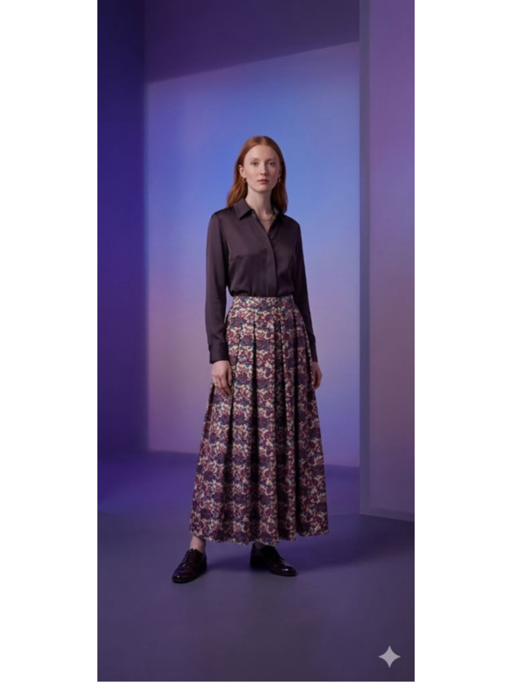 Vintage Maxi Skirt S Beige Red Floral Pleated